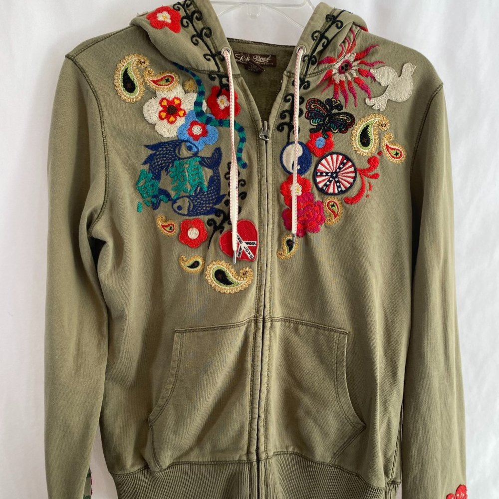 SOLD Lucky Brand Embroidered Khaki Green Zip Front Hoodie Sweatshirt NWOT - Picture 14 of 14